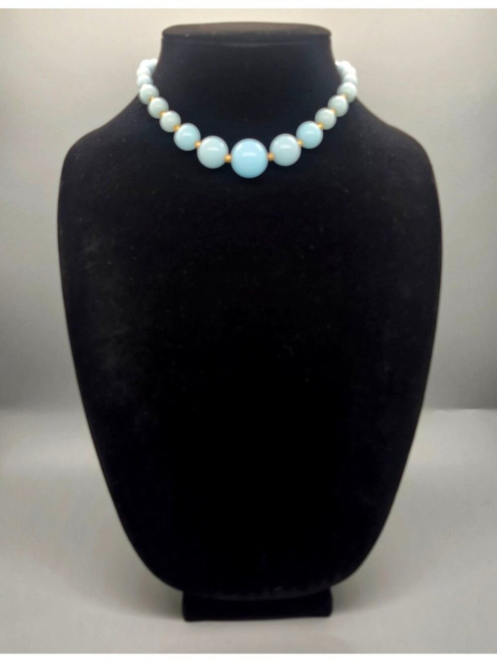 Vintage Blue Beaded Necklace With Gold-Tone Spacers & Hook Clasp 1950s Inspired